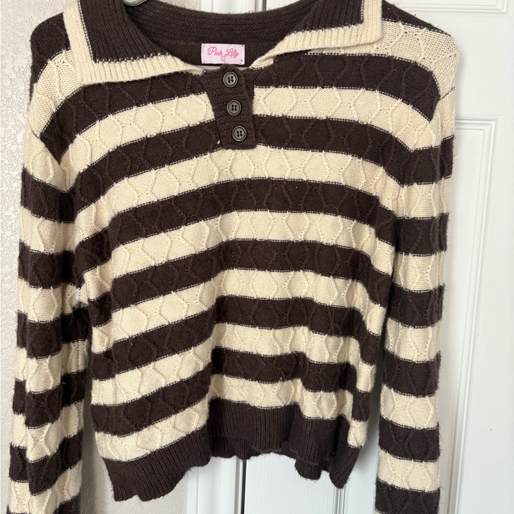 Pink Lily Chocolate and Cream Striped Knit Sweater